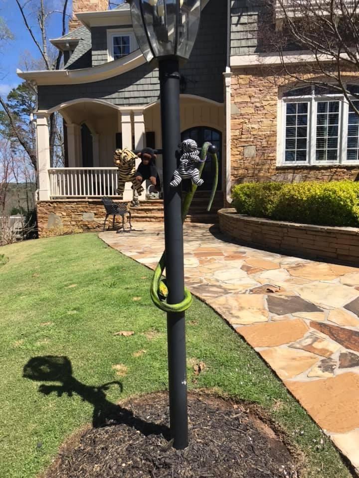Stuffed animals on display in front of homes as a neighborhood in Roswell takes part in a zoo-fari.