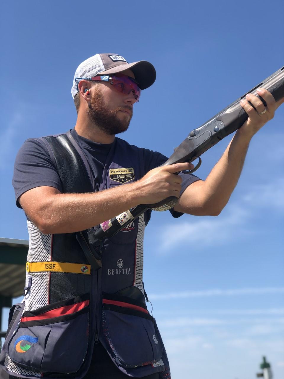 Vincent Hancock aims to fire while practicing at his home range, Fort Worth Trap and Skeet Club, preparing for the 2020 Tokyo Olympics. 