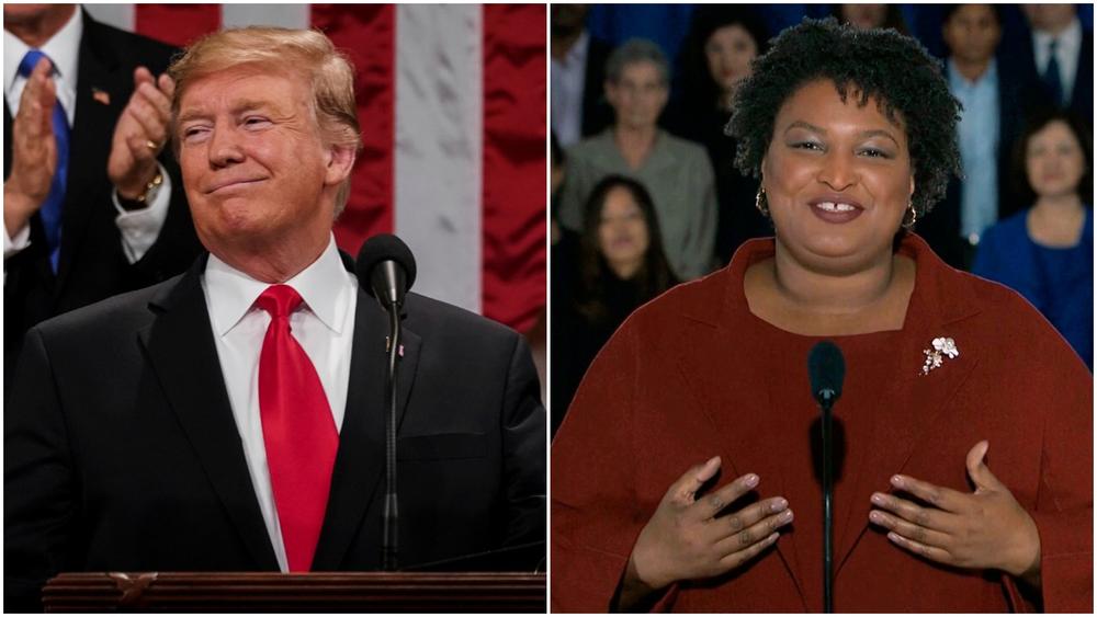 Left, President Donald Trump gives his State of the Union address. Right, Stacey Abrams delivers the Democratic party's response.
