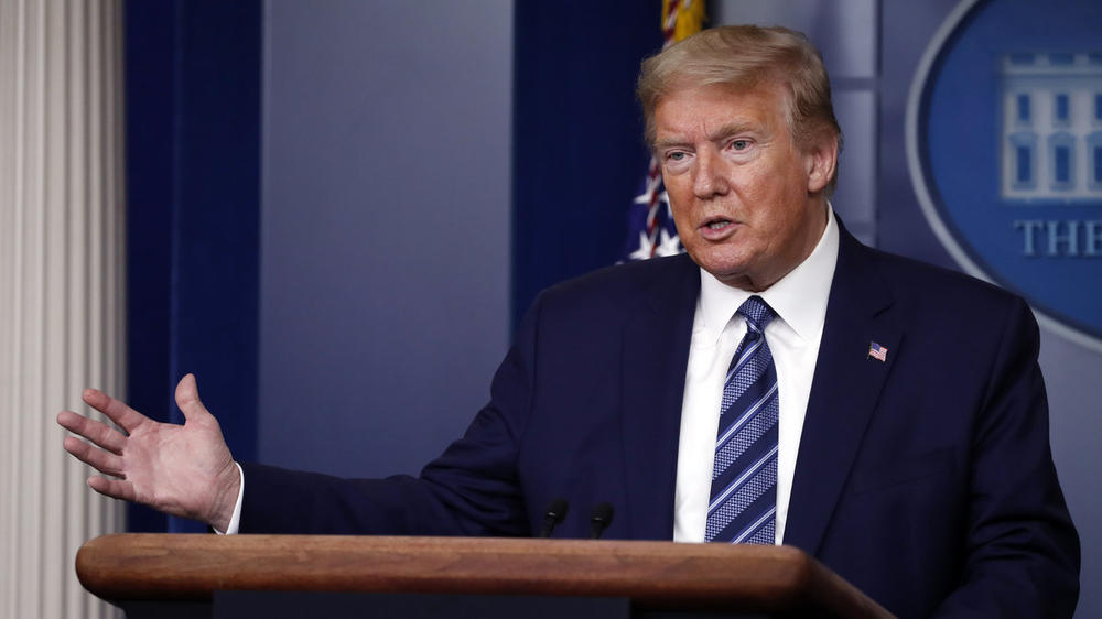 President Donald J. Trump speaks at a White House press briefing.