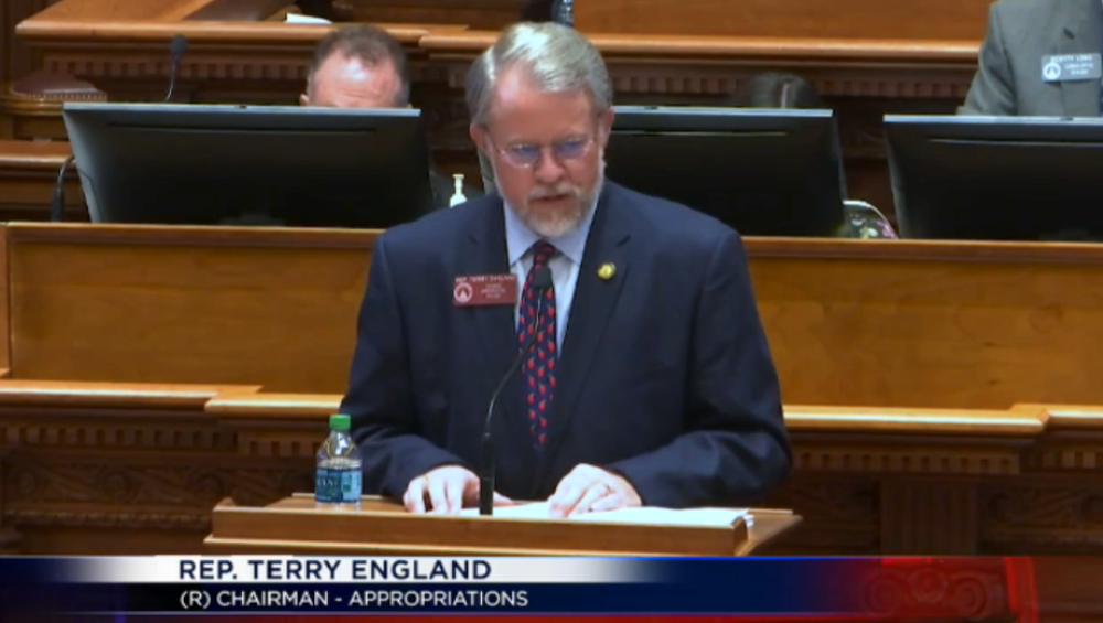 Rep. Terry England discusses allocating aid to fight COVID-19 at the Georgia state capitol in Atlanta on Thursday.