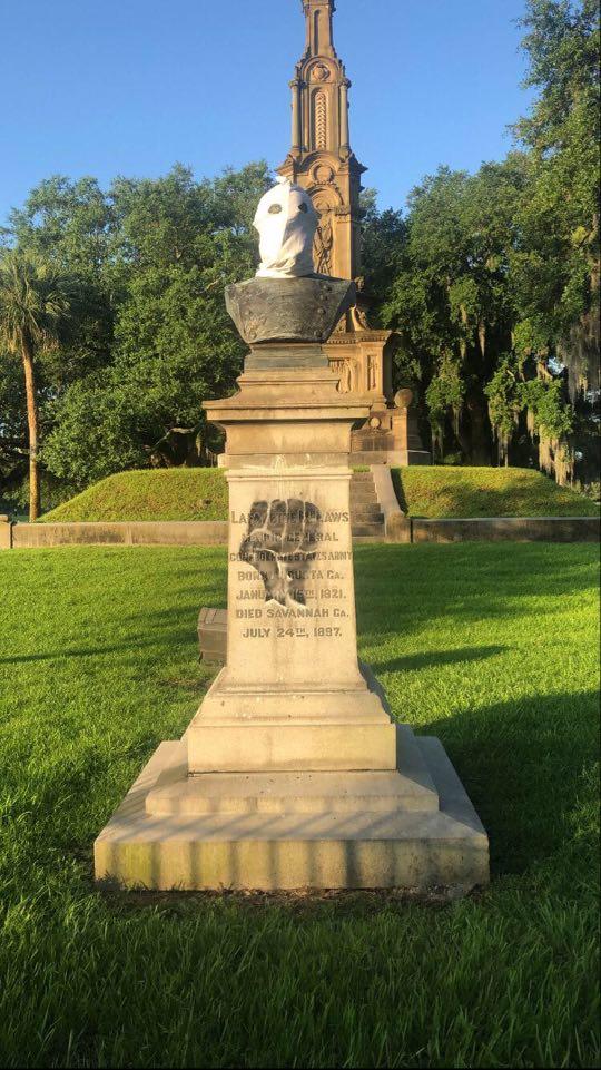 A bust of Confederate officer Lafayette McLaws at the foot of the Confederate monument in Savannah's Forsyth Park was vandalized in June with a white KKK-style hood and graffiti of a raised fist.