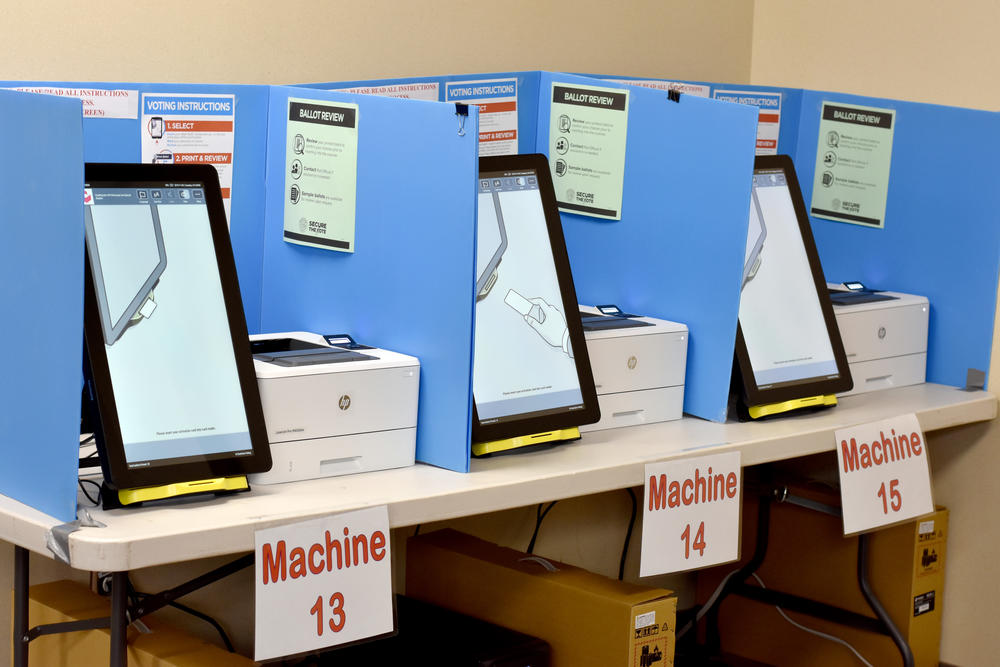 Dominion ballot-marking devices are set up in a Paulding County polling place.