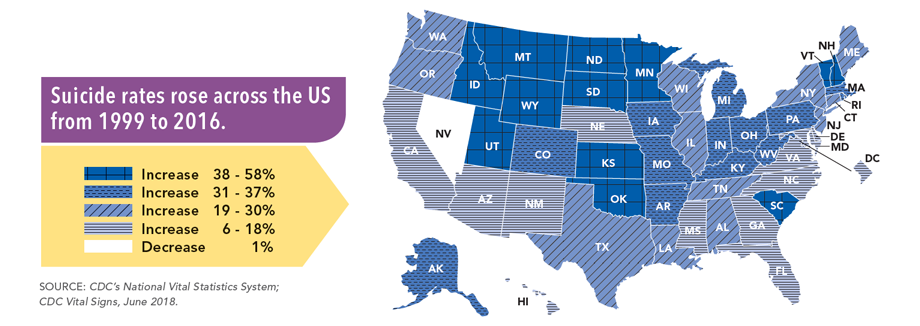  Suicide rates increased in nearly every state from 1999 through 2016. 