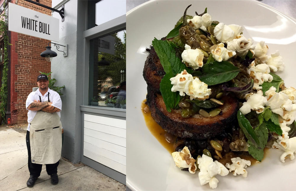 At The White Bull, Chef Pat Pascarella serves farm-to-table dishes like Ossabaw porcetta with shishito peppers, mustard seed crema and popcorn, pictured above. 