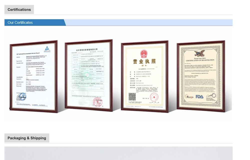 On the online commerce site Alibaba.com, a listing for surgical masks includes a section devoted to certificates, including one with the FDA logo (right). The FDA, however, doesn't issue these kinds of certifications.