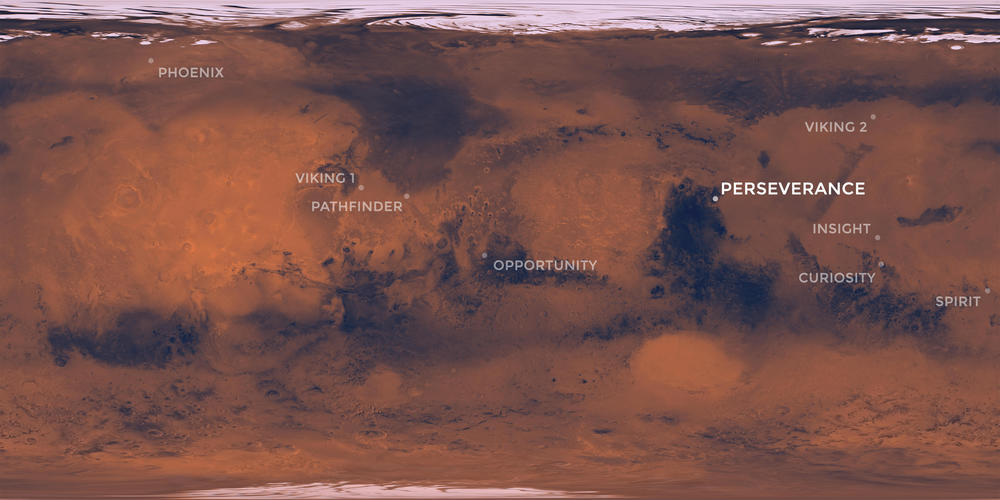 This map of Mars shows where NASA's Perseverance rover is scheduled to land in February 2021. Also shown are the locations where NASA's previous successful Mars missions touched down.
