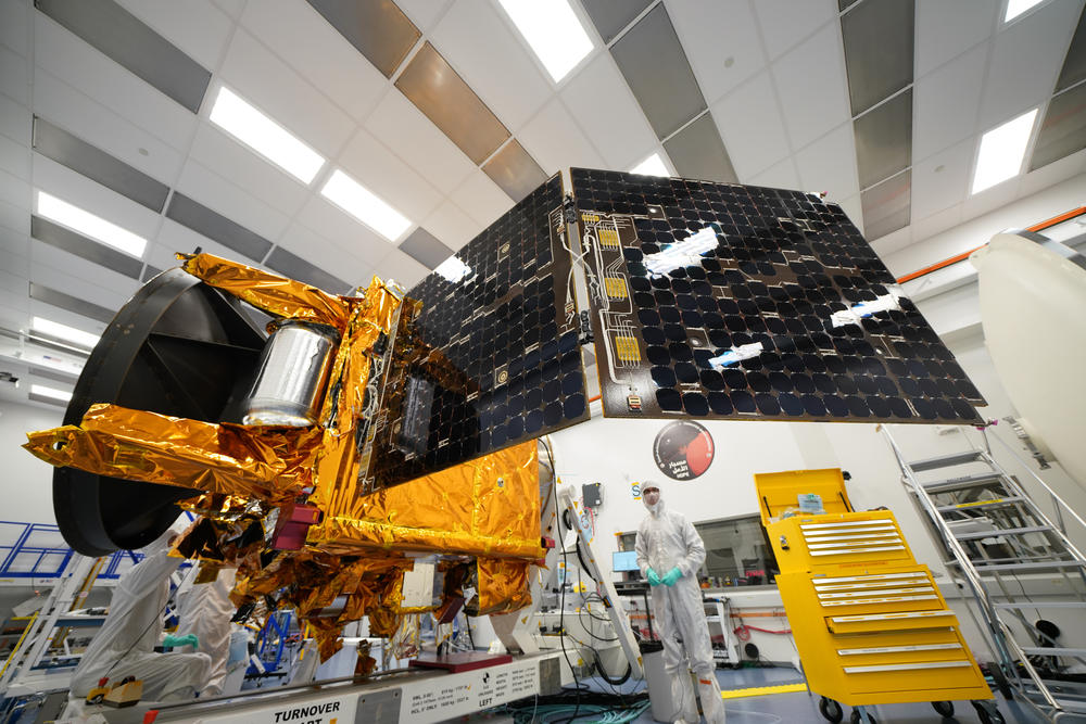 Engineers test the solar panel deployment of the United Arab Emirates' Hope probe. At launch, the panels will be folded, and they'll deploy to charge the probe's batteries after the probe is released by the second stage of the launch platform.