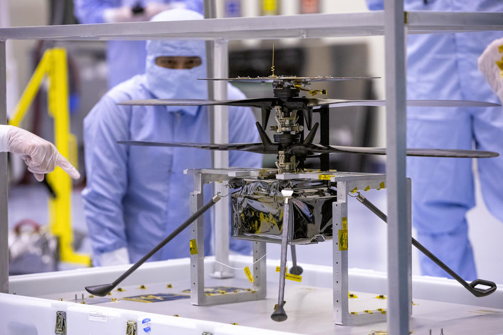 NASA's Mars helicopter and its cruise stage are tested at the Kennedy Space Center on March 10. The helicopter will be attached to the rover Perseverance during its mission, which is part of NASA's Mars Exploration Program.