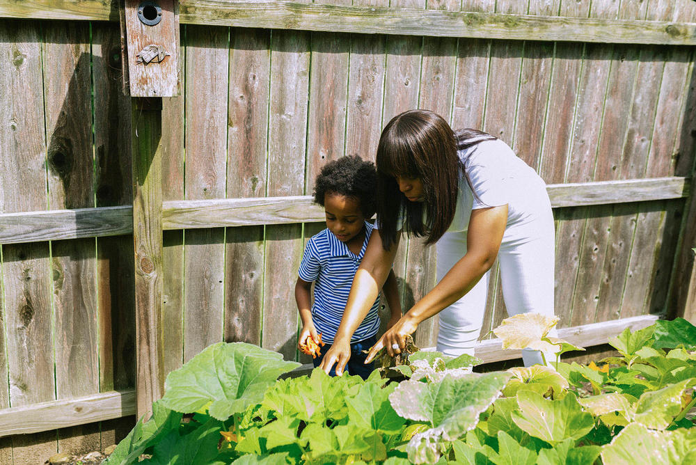 Maryam Jernigan-Noesi and her son Carter pick vegetables from their garden.