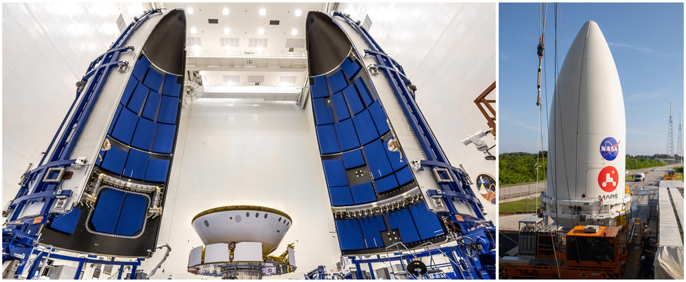 Left: NASA's Perseverance rover gets prepared for encapsulation in the Atlas V rocket's payload fairing (nose cone) at Kennedy Space Center in Florida on June 18. Right: On July 7, the payload fairing containing the rover sits atop the motorized payload transporter that will carry it to Space Launch Complex 41 at Cape Canaveral, Florida.