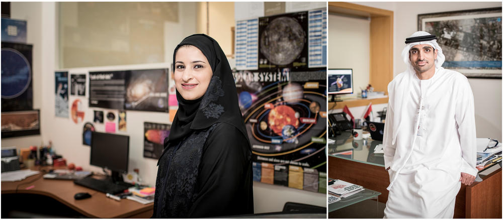 Left: Sarah Al Amiri, the United Arab Emirates' minister for advanced sciences and the science lead for the Emirates Mars Mission. Right: Omran Sharaf, project director of the Emirates Mars Mission at the Mohammed Bin Rashid Space Centre.