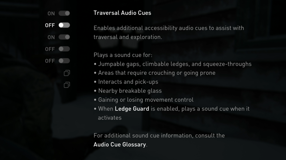 A menu of audio cues that can guide visually impaired players.