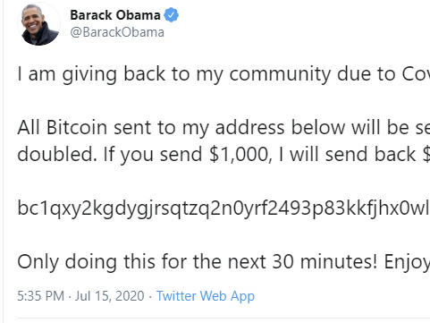 President Barack Obama's Twitter page was hacked on Wednesday as part of a widespread cryptocurrency scam.