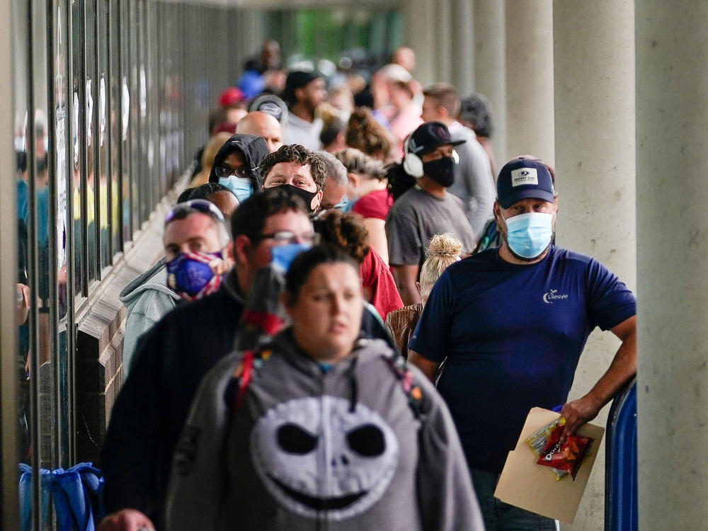 Hundreds of people line up outside a Kentucky Career Center hoping to find assistance with their unemployment claim in Frankfort, Ky., in June.