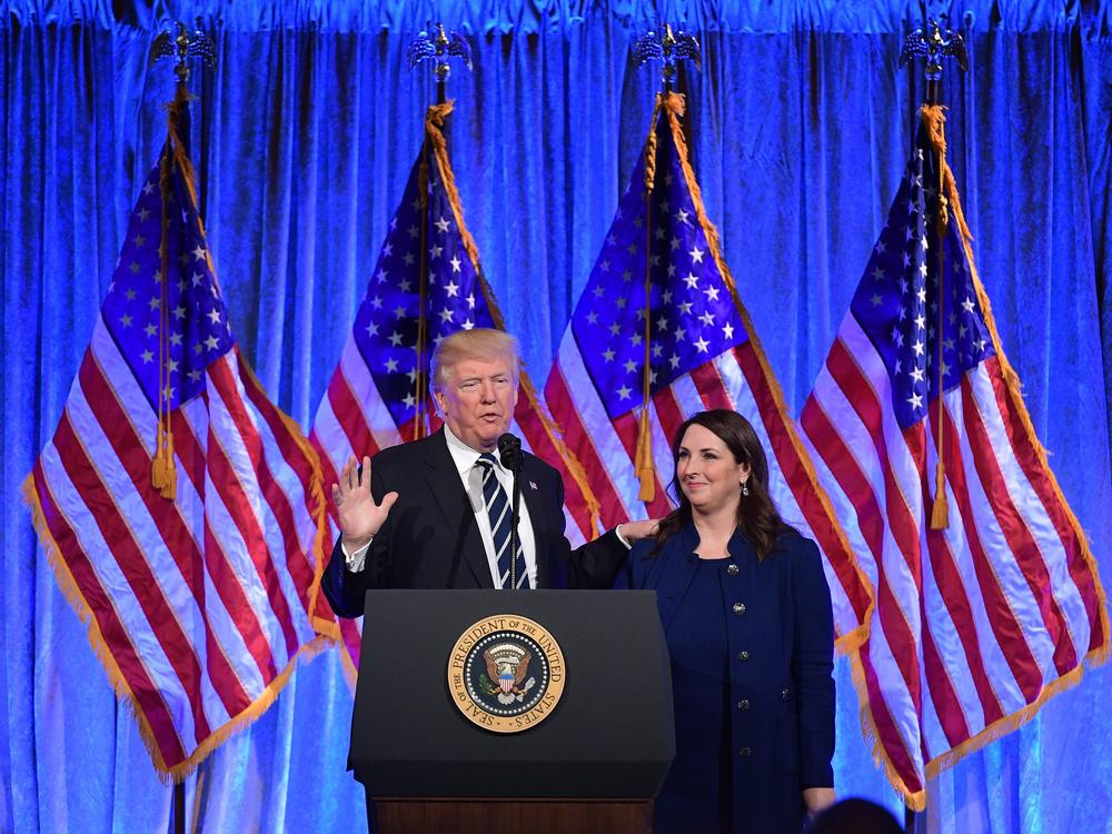 President Trump and Republican National Committee Chairwoman Ronna McDaniel appear at a New York fundraiser in 2017.