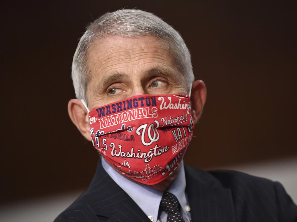Dr. Anthony Fauci, director of the National Institute for Allergy and Infectious Diseases wore a Washington Nationals face mask before testifying at a congressional hearing on June 30. The team announced he will throw out the ceremonial first pitch at their season opener on Thursday.
