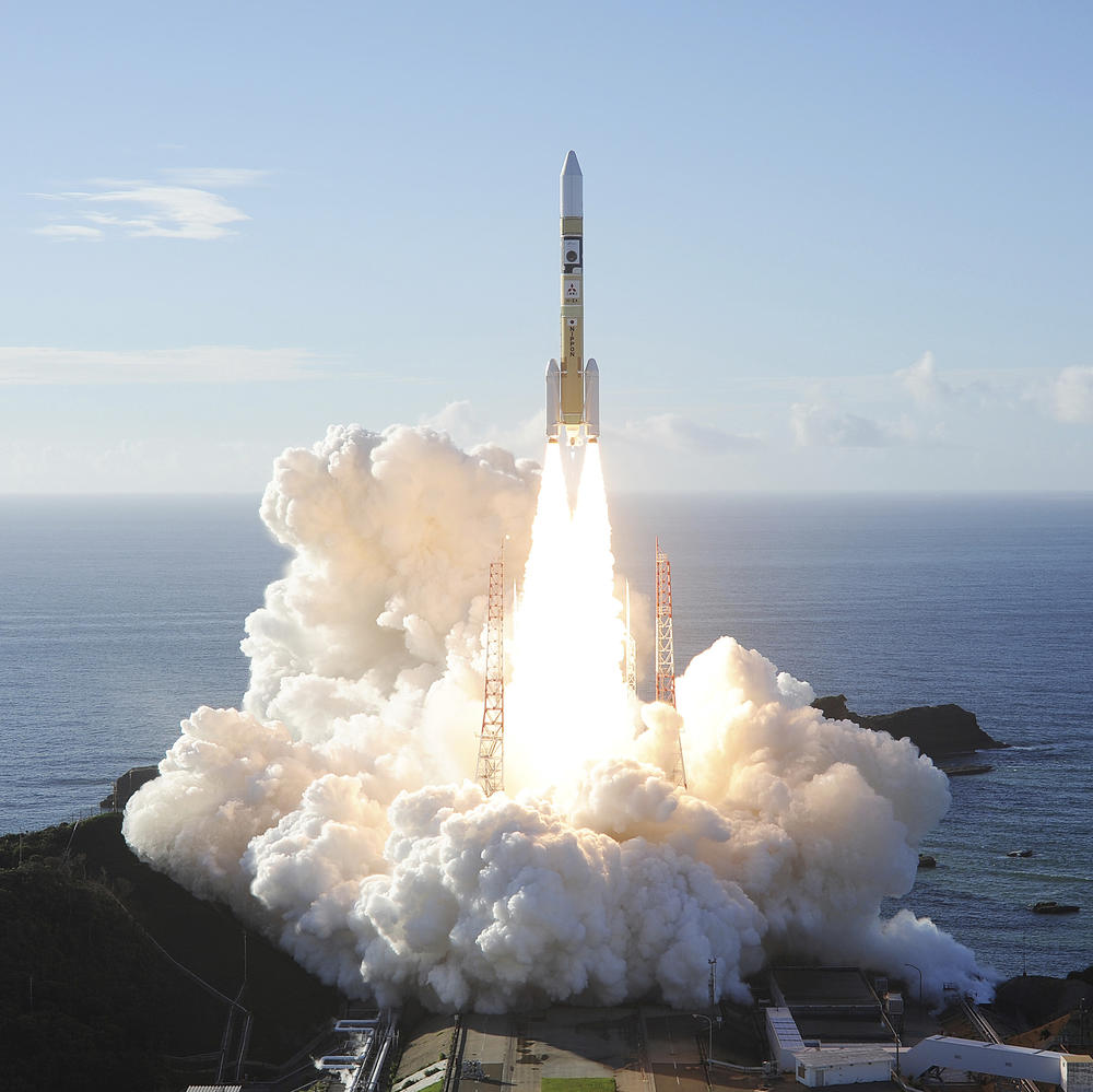 A Mitsubishi Heavy Industries H-IIA rocket with United Arab Emirates' Mars orbiter Hope lifts off from Tanegashima Space Center in Kagoshima, southern Japan, on Monday.