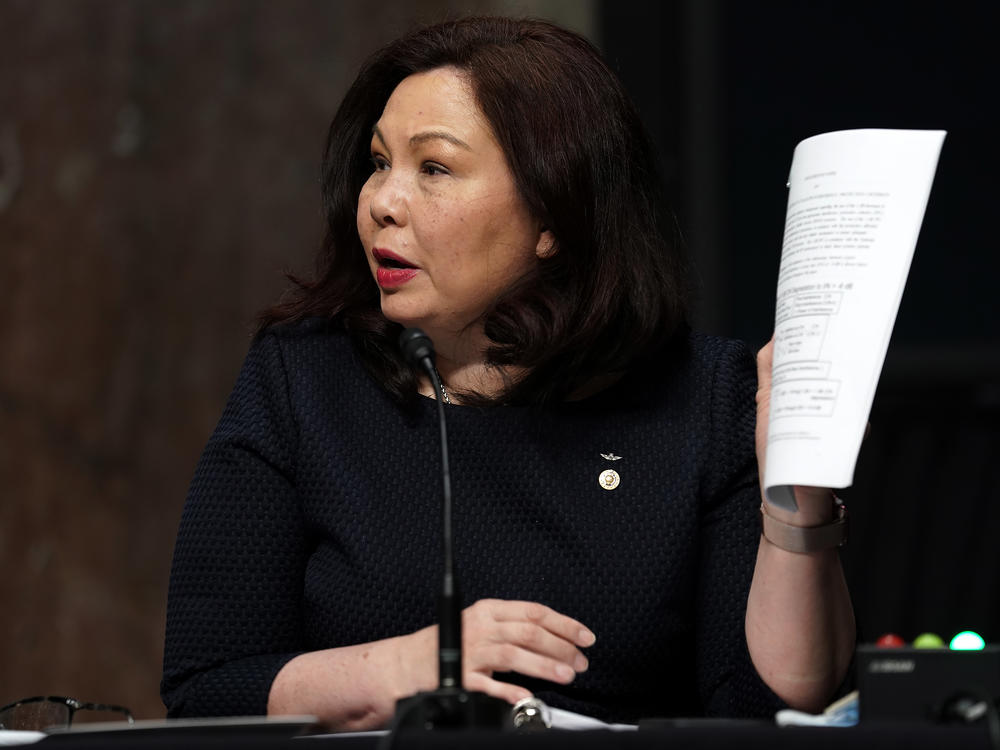 Sen. Tammy Duckworth, D-Ill., is seen during a Senate Armed Services Committee hearing on May 6. The Iraq War veteran is on Joe Biden's vice presidential shortlist.