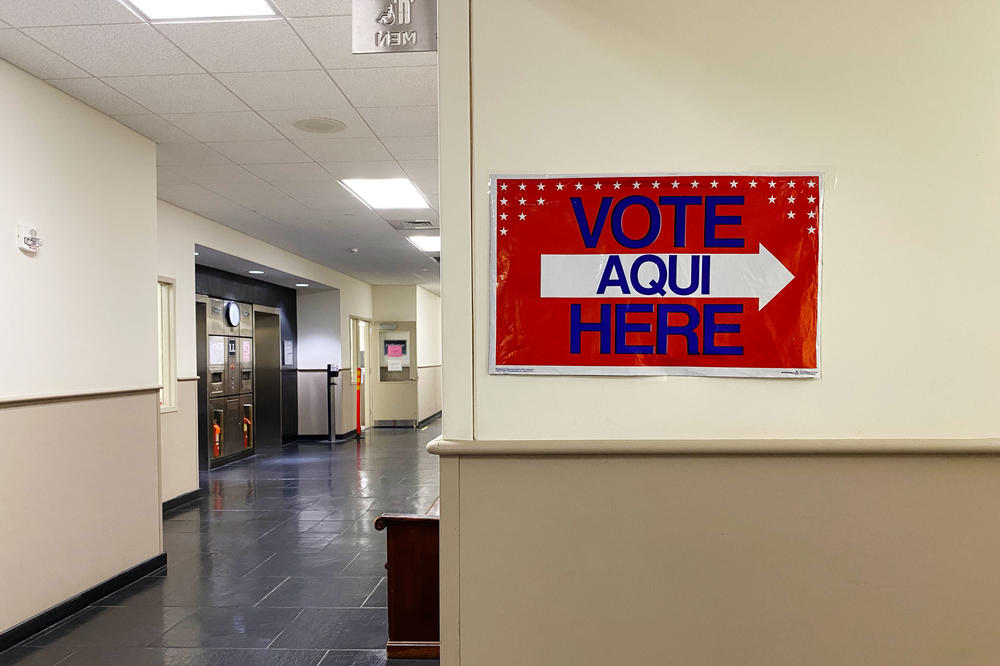 A sign directs people to vote at the Northampton County Offices in Easton, Pa.