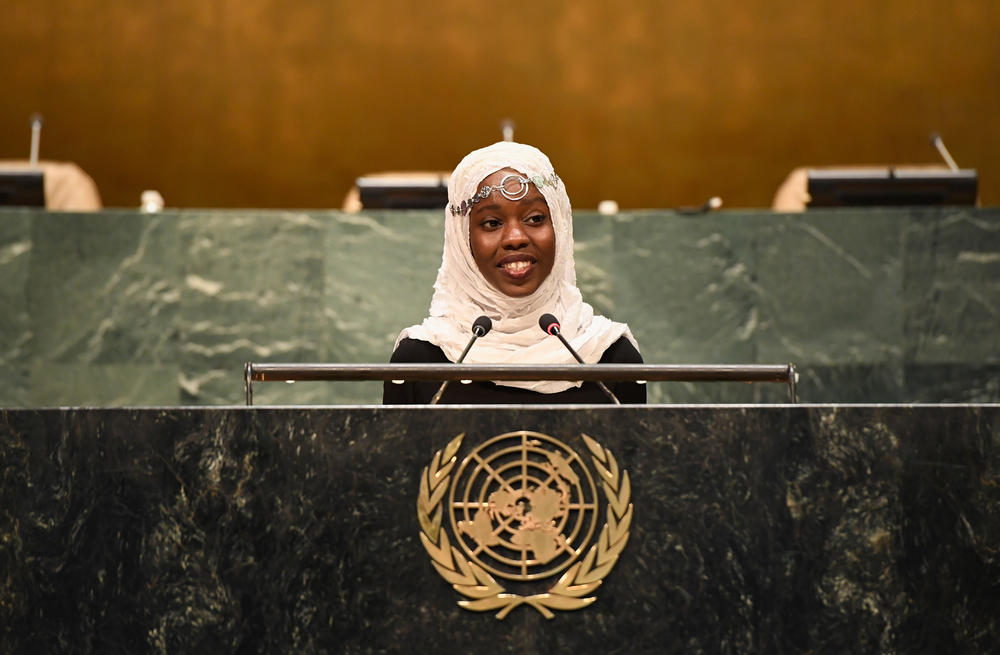 Mahmoud addresses the U.N. General Assembly in 2016 in support of a petition that demanded a better deal for the world's refugees in education, safety and work.