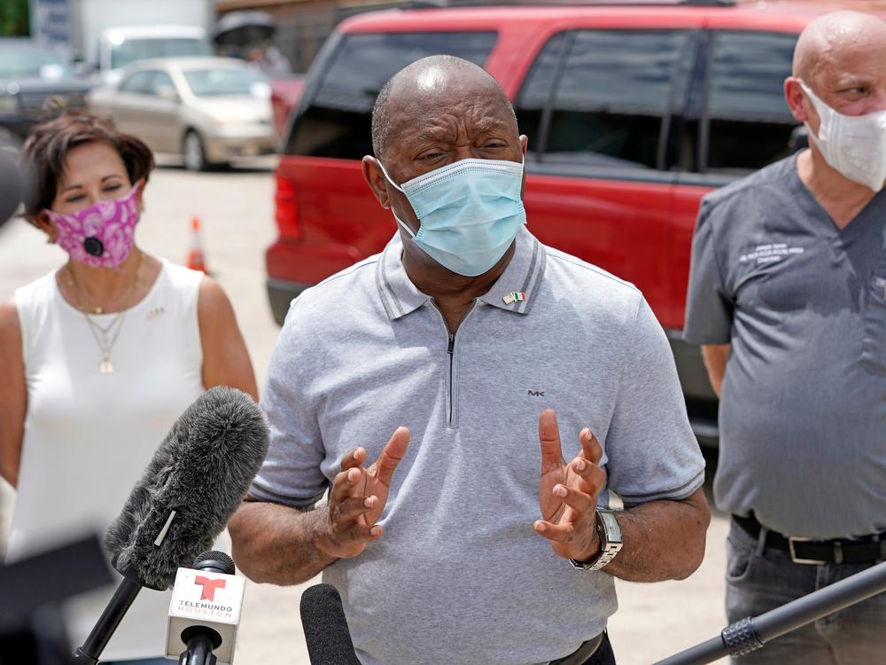 Houston Mayor Sylvester Turner speaks at free COVID-19 testing provided by United Memorial Medical Center at the Mexican Consulate Sunday, June 28 in Houston.