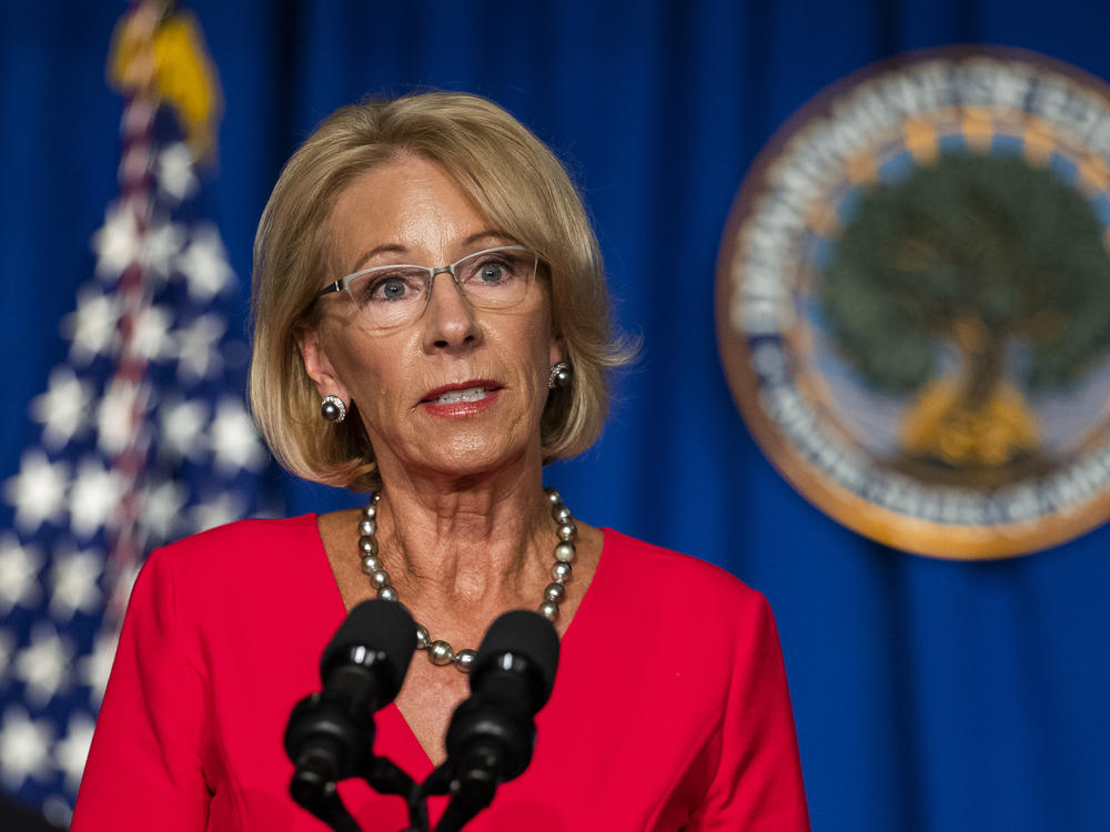 Education Secretary Betsy DeVos speaks during a White House Coronavirus Task Force briefing this month in Washington, D.C.