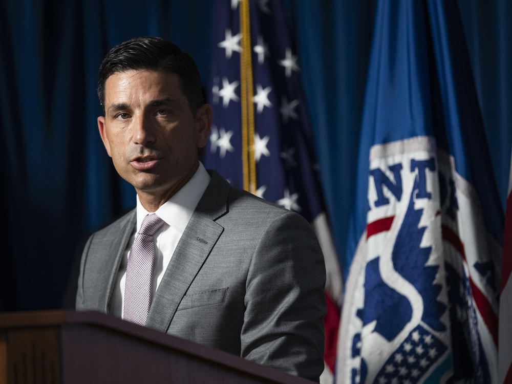 Chad Wolf, acting secretary of the Department of Homeland Security, addresses a news conference Tuesday in Washington, D.C., on the situation in Portland, Ore.