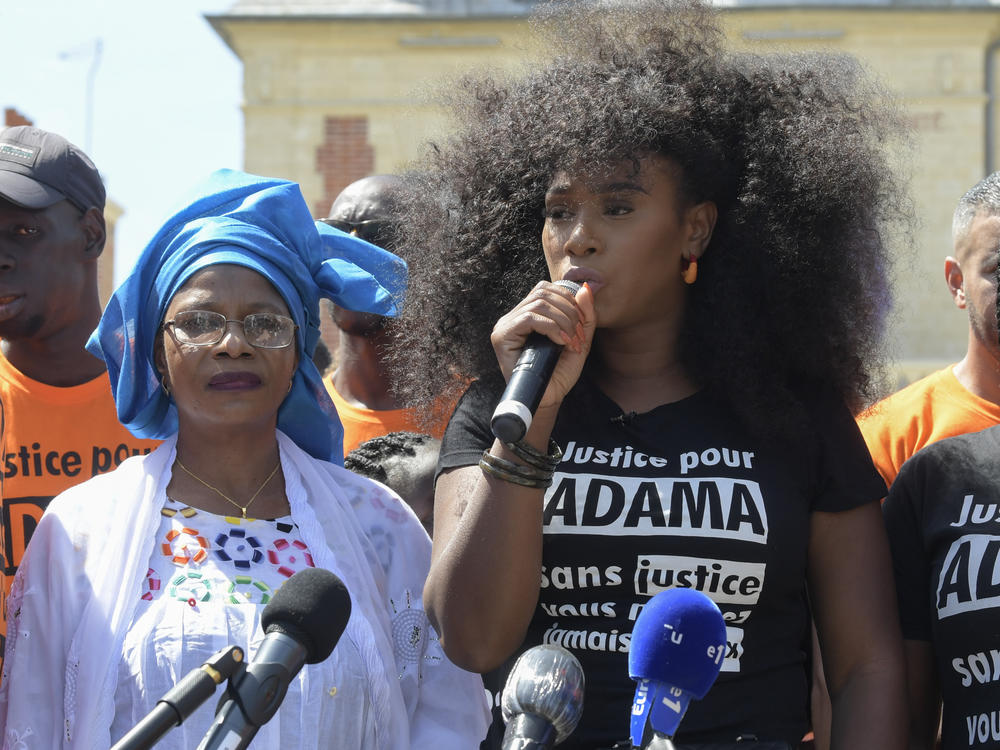 Assa Traoré speaks at a demonstration to commemorate the fourth anniversary of the death of her brother Adama Traoré, in Persan, France.