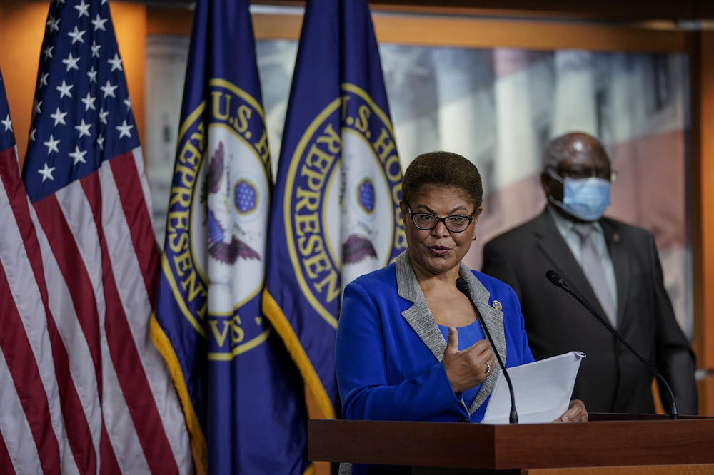 Congressional Black Caucus Chair Karen Bass speaks during a news conference Wednesday about the House vote on Confederate statues at the U.S. Capitol. The House legislation later passed in a 305-113 vote.