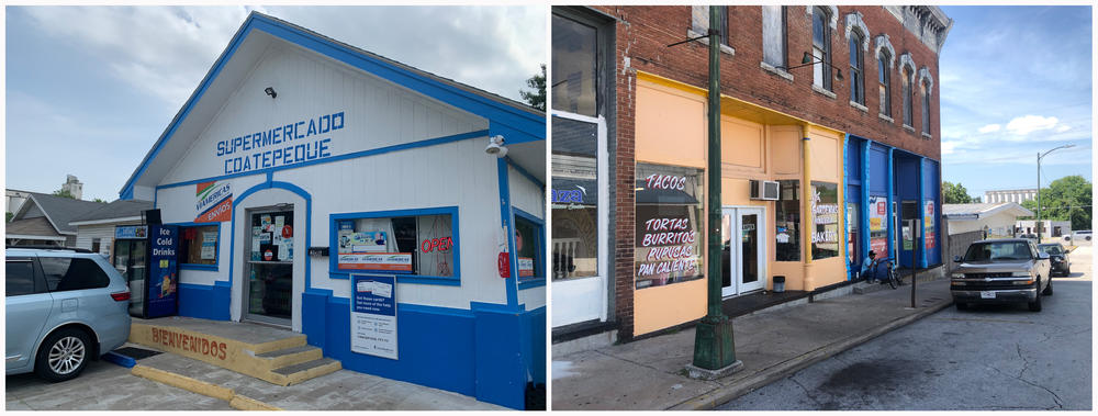 Left: The Supermercado Coatepeque in downtown Carthage, MO. Right: Dozens of stores and restaurants catering to the Latinx community line a half-mile stretch of Main Street between the courthouse square and the Butterball plant, a major employer.