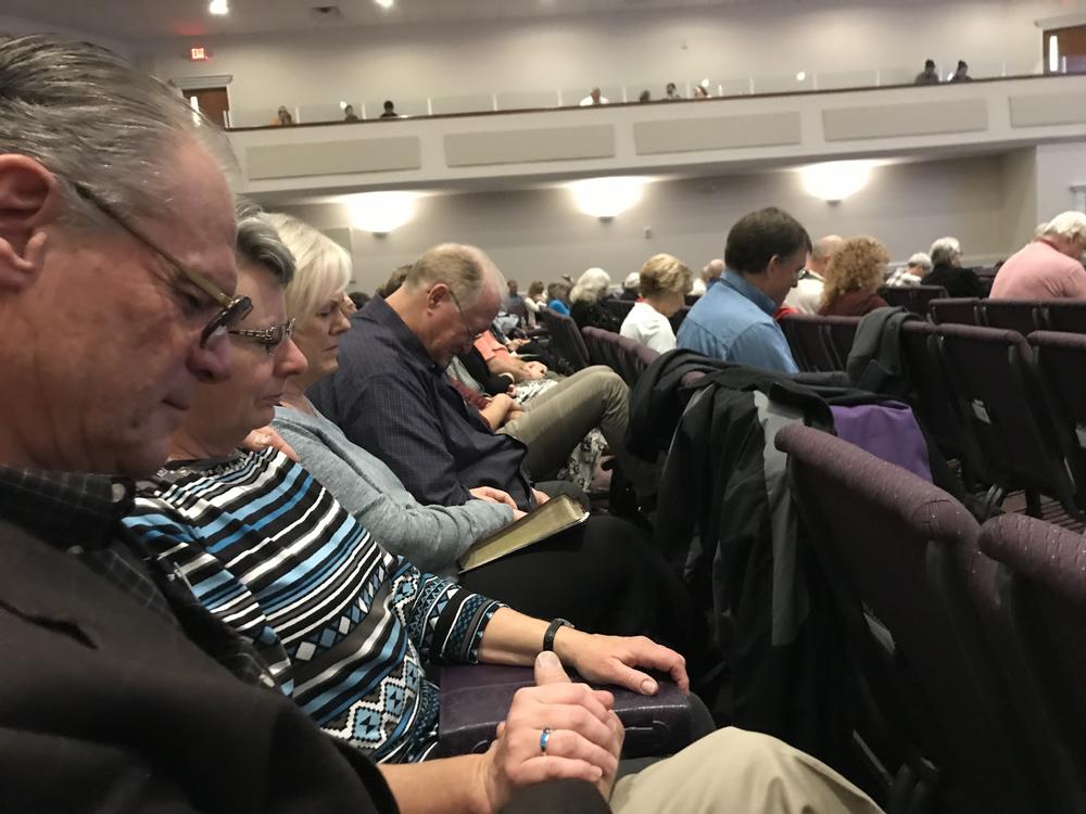 Dan Wentland, Sherry Wentland, Gwynn Harris, and Randy Harris (left to right) attend services at the Lantana Road Baptist Church on March 8, 2020. The couples have known each other since the 1970s and lived in Paradise, Calif., until the 2018 Camp Fire destroyed their town.