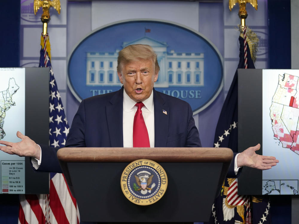 President Donald Trump speaks during a news conference Thursday at the White House.