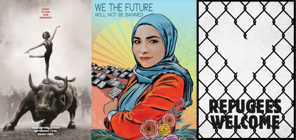 "The Design of Dissent" shows how imagery is used to communicate opposition or alternative views. Some images include: (L to R) Occupy Wall Street by Will Brown; Isra Chaker from the We the Future Series; Welcome by Donal Thornton and Tresor Dieudonne.