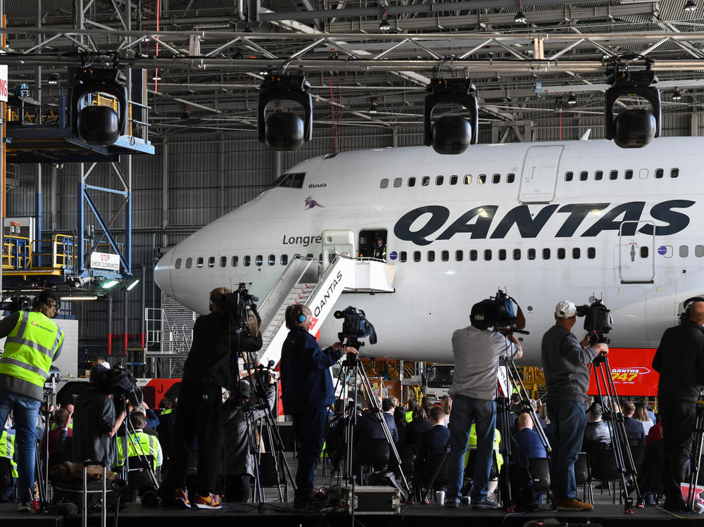 A Qantas Boeing 747-400, registration VH-OEJ in front of media at Sydney Airport for the last time as it retires from service on Wednesday.