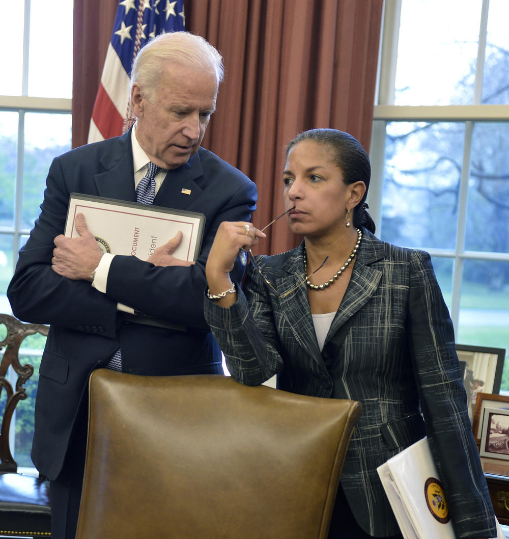Then-Vice President Biden and then-national security adviser Rice talk in the Oval Office in April 2015.