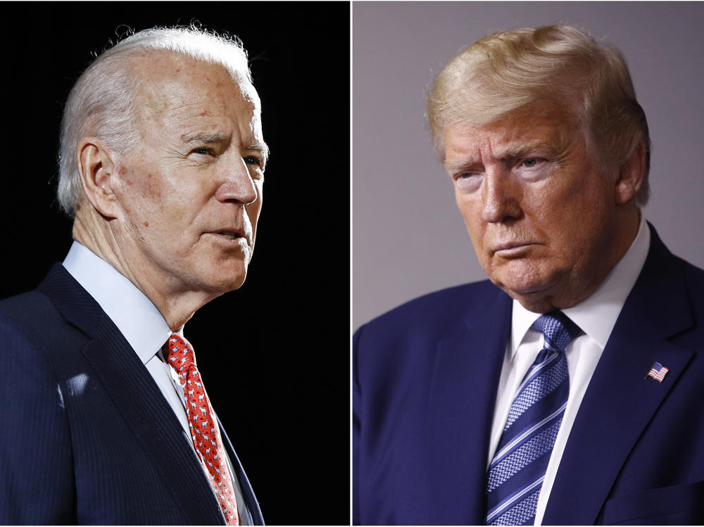 In this combination of file photos, former Vice President Joe Biden speaks in Wilmington, Del., and President Trump speaks at the White House.