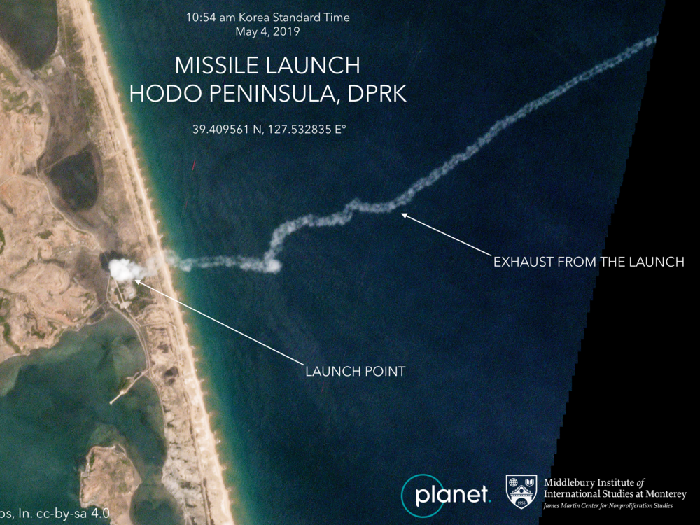 A satellite image from Planet Labs, a private satellite company, shows the exhaust from a North Korean missile test on May 4, 2019.