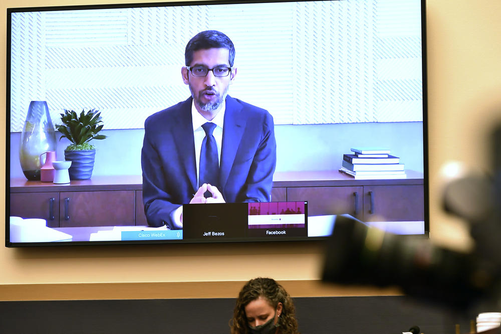 Google CEO Sundar Pichai testifies remotely during a House Judiciary subcommittee hearing on antitrust on Capitol Hill on Wednesday.