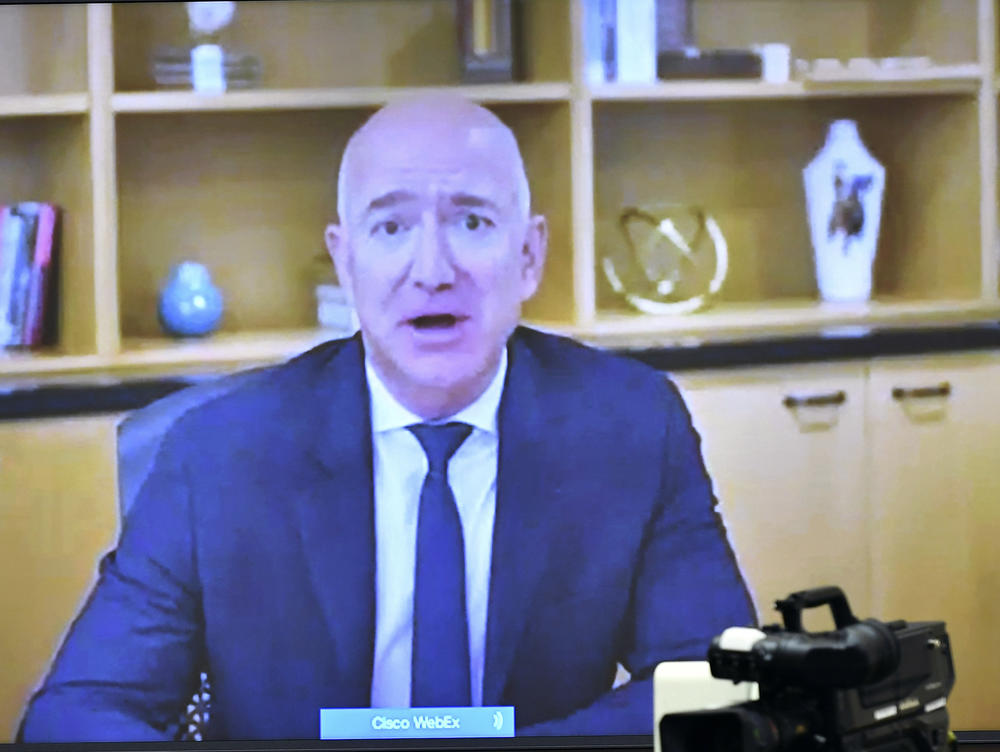 Amazon CEO Jeff Bezos testifies remotely during a House Judiciary subcommittee on antitrust on Capitol Hill on Wednesday.