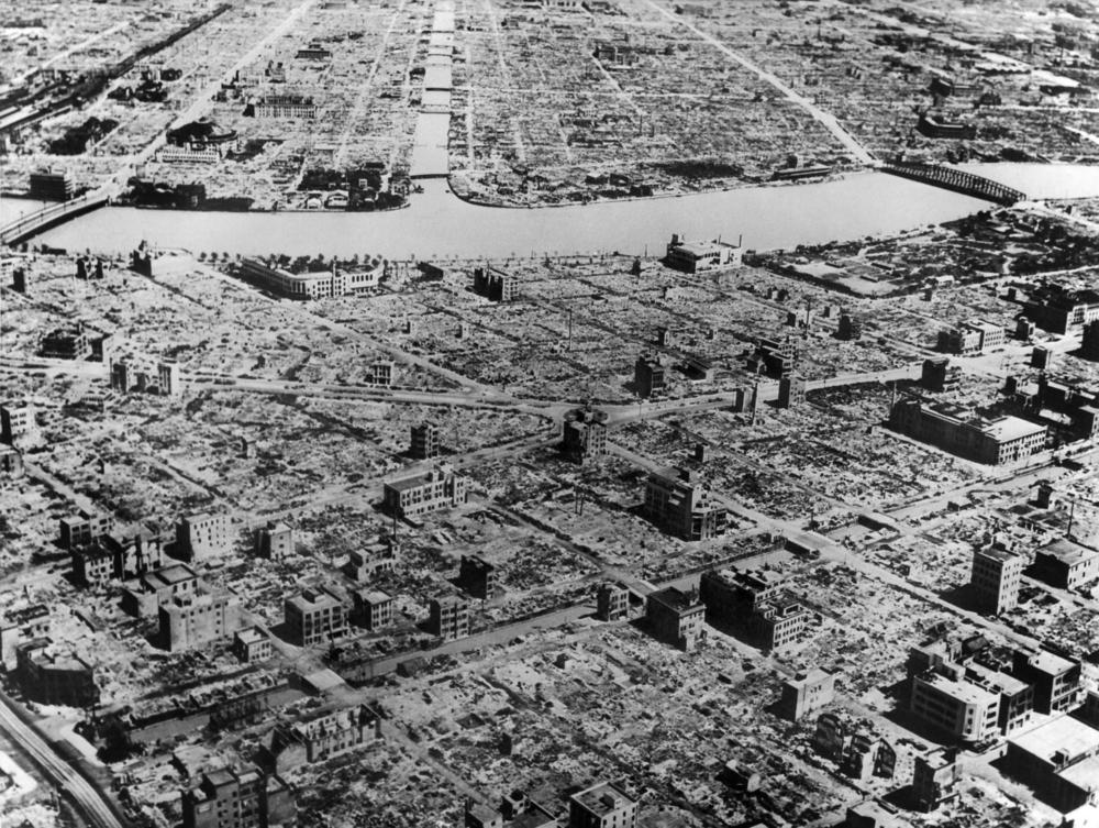 An aerial view of Tokyo shows destruction after American bombardment in 1945.