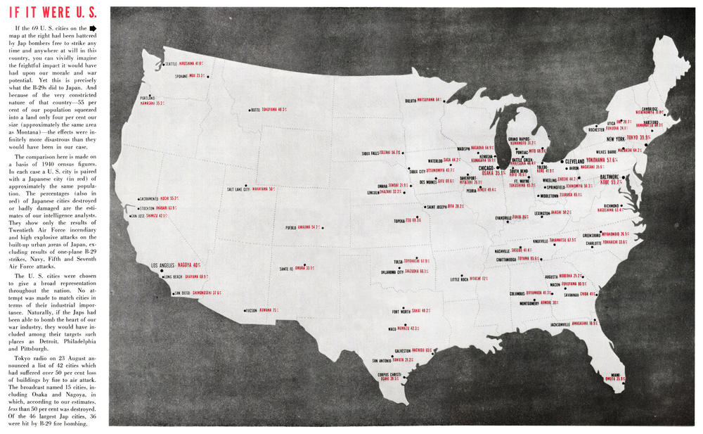 A U.S. map from <em>Impact,</em> a wartime government magazine produced for the Army Air Forces, highlights the extent of destruction to Japanese cities by showing dozens of American cities with comparable populations.