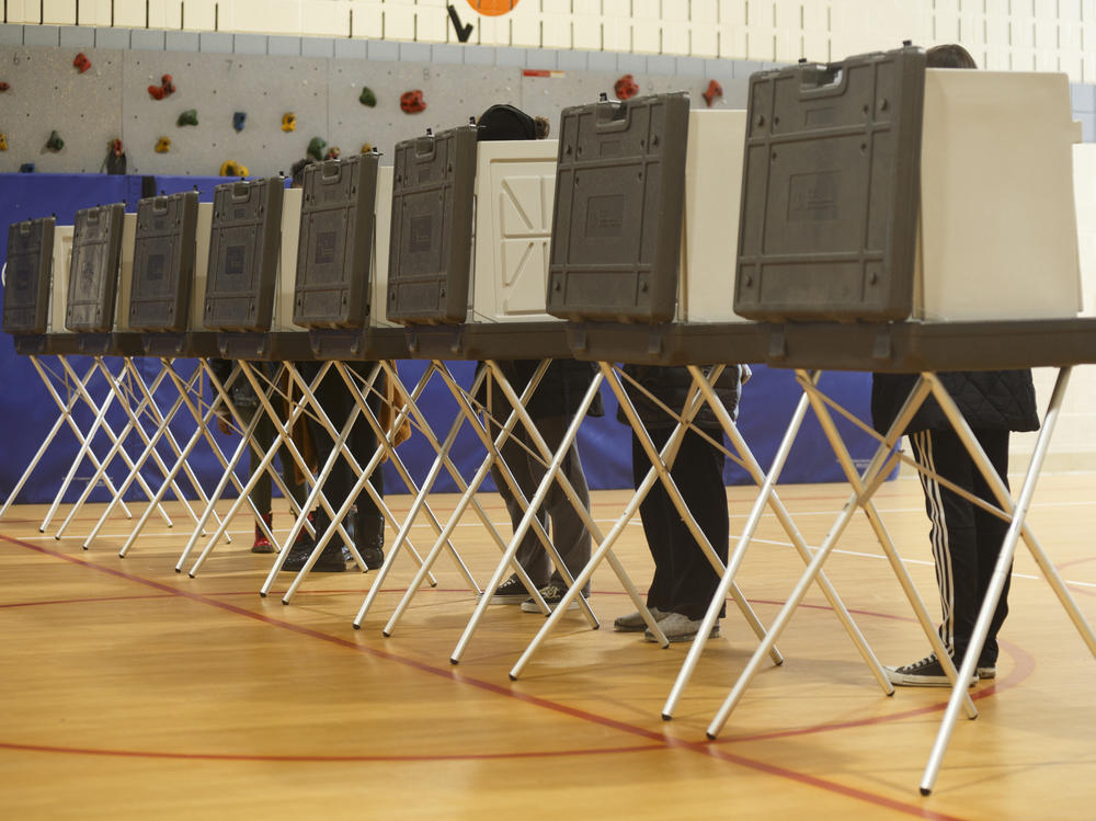 Voters cast their ballots at a polling place at Cromie Elementary School in Warren, Mich., in March. Warren is in Macomb County, considered a critical suburb in the presidential election.