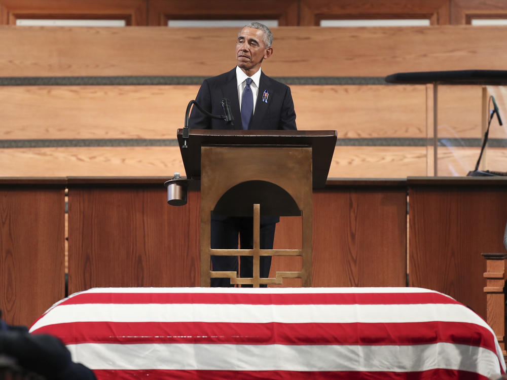 Former President Barack Obama gives the eulogy at the funeral service for Rep. John Lewis at Ebenezer Baptist Church in Atlanta. Lewis, a civil rights icon and fierce advocate of voting rights for African Americans, died on July 17 at the age of 80.