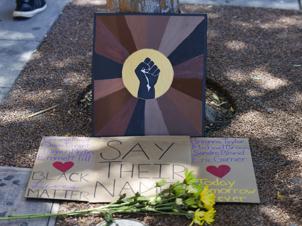 A makeshift memorial at the All Black Lives Matter Solidarity March on June 14, in Los Angeles.