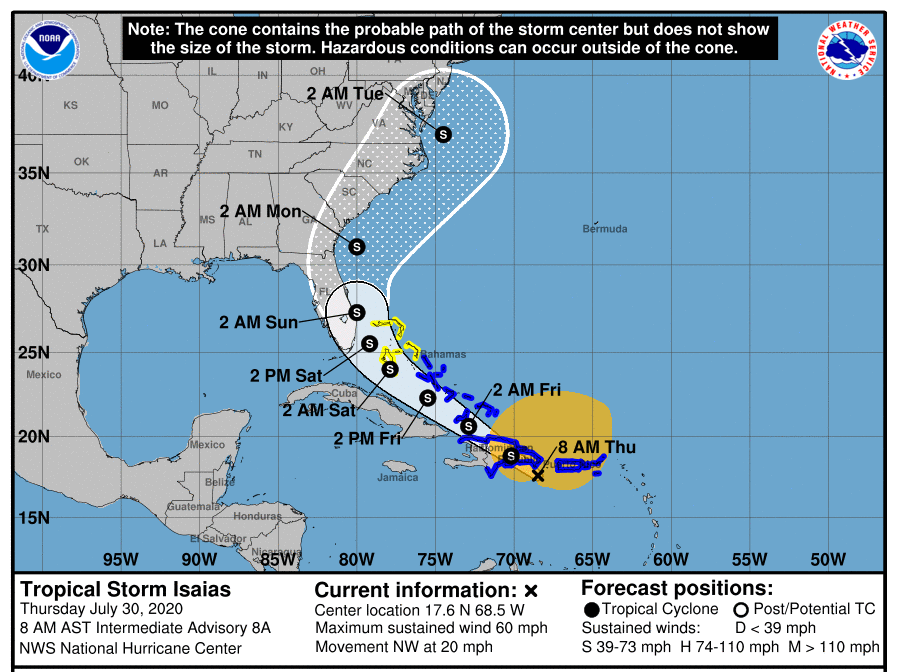 Tropical Storm Isaias is expected to arrive near or over Florida this weekend. The state says it will suspend coronavirus testing as a precaution.