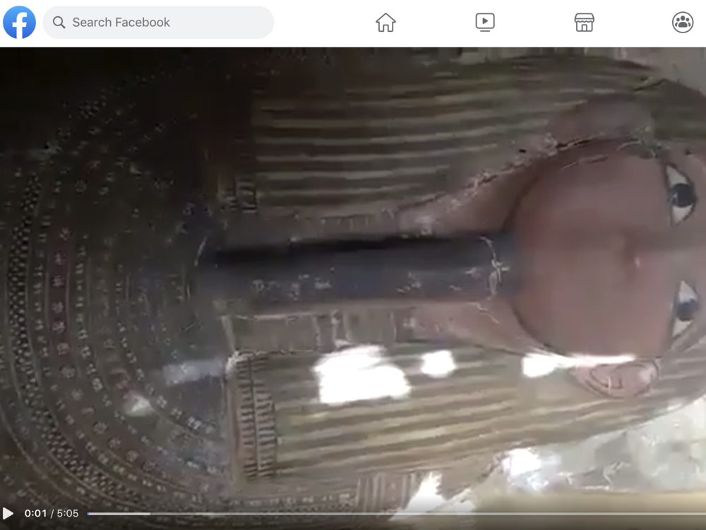 Screenshot of video on Facebook showing an Egyptian sarcophagus with mummy inside for sale. According to the ATHAR Project, the video is from an area known for extensive antiquities looting. Facebook bans trade in antiquities and human remains, but relies on user reports to flag suspect items. This post, reported by ATHAR using the Facebook system, was not deemed to violate Facebook's standards.