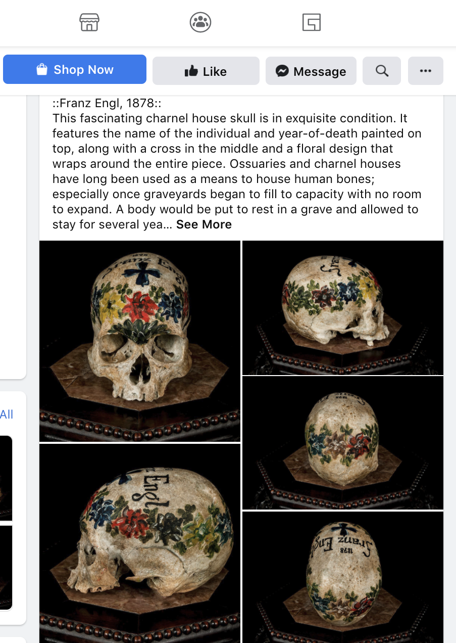 Facebook screenshot of a post showing a decorated human skull for sale. Selling human remains to collectors is legal in some U.S. states but Facebook bans it. This was one of several skulls reported, using Facebook's reporting system, by Damien Huffer of the Alliance to Counter Crime Online. Facebook responded that this and other posts do not contravene its standards.