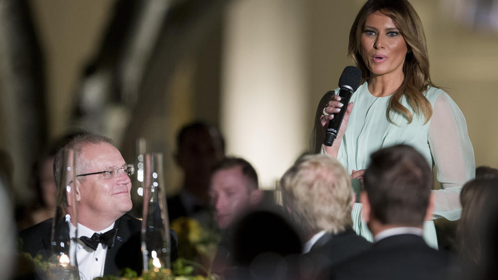 First Lady Melania Trump speaks as Australian Prime Minister Scott Morrison listens during a state dinner in the Rose Garden on Sept. 20, 2019.