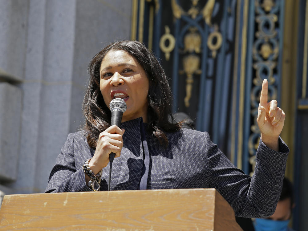 San Francisco Mayor London Breed speaks to a group protesting police racism outside City Hall on June 1. On Friday she announced plans to divert $120 million from the city's police to efforts that address inequities in the Black community.